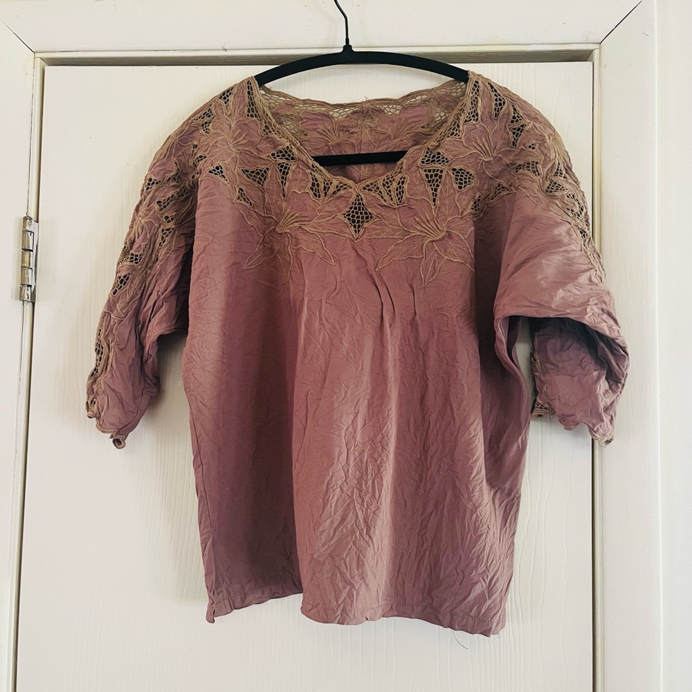 VTG 90s embroidered dolman sleeve lace rayon island vibes blouse S